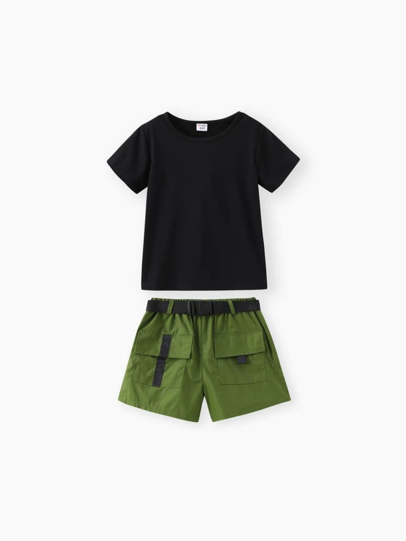 Sets | Girls 2pcs Short-sleeve Tee and Pocket Design Belted Shorts Set Pink|Green