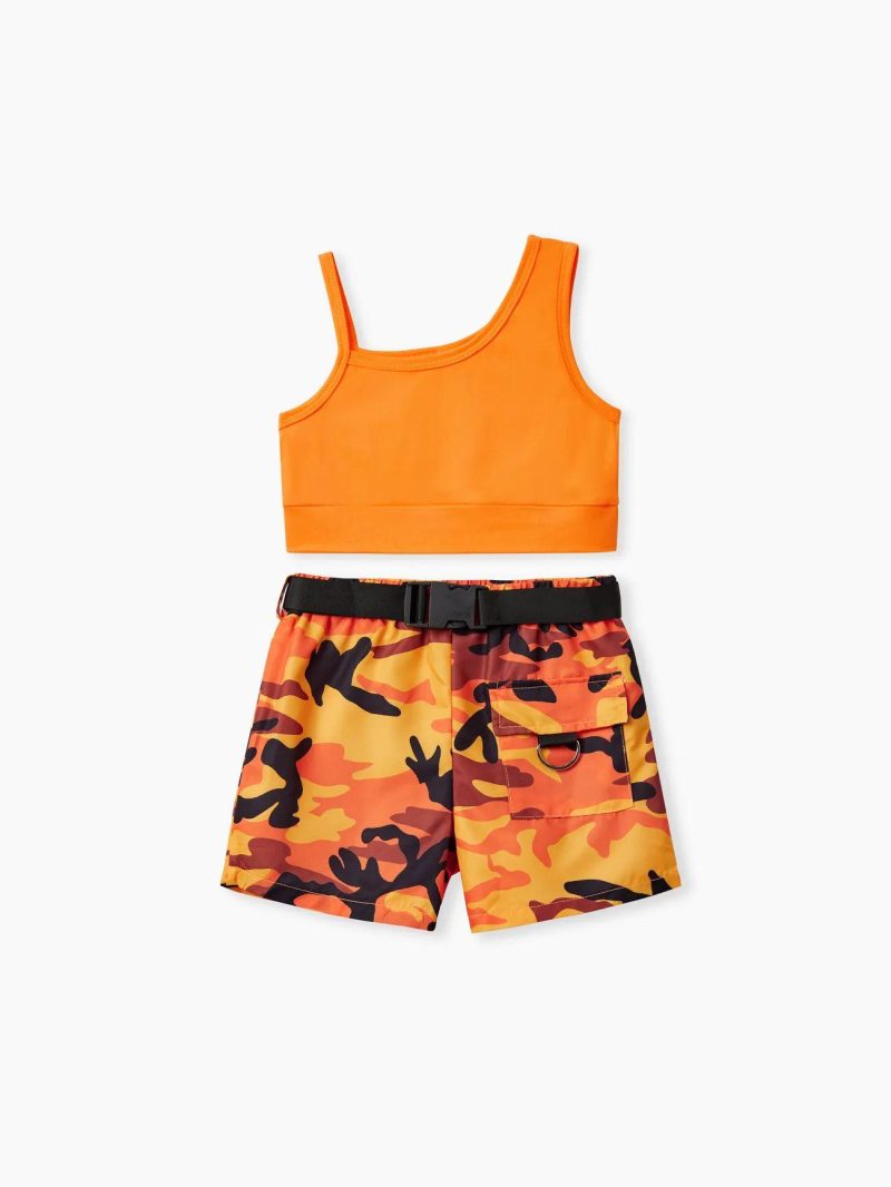 Sets | Girls Camouflage Patch Pocket 3pcs Suit for Girls in Avant-garde Style, 100% Polyester, Machine Washable Orange