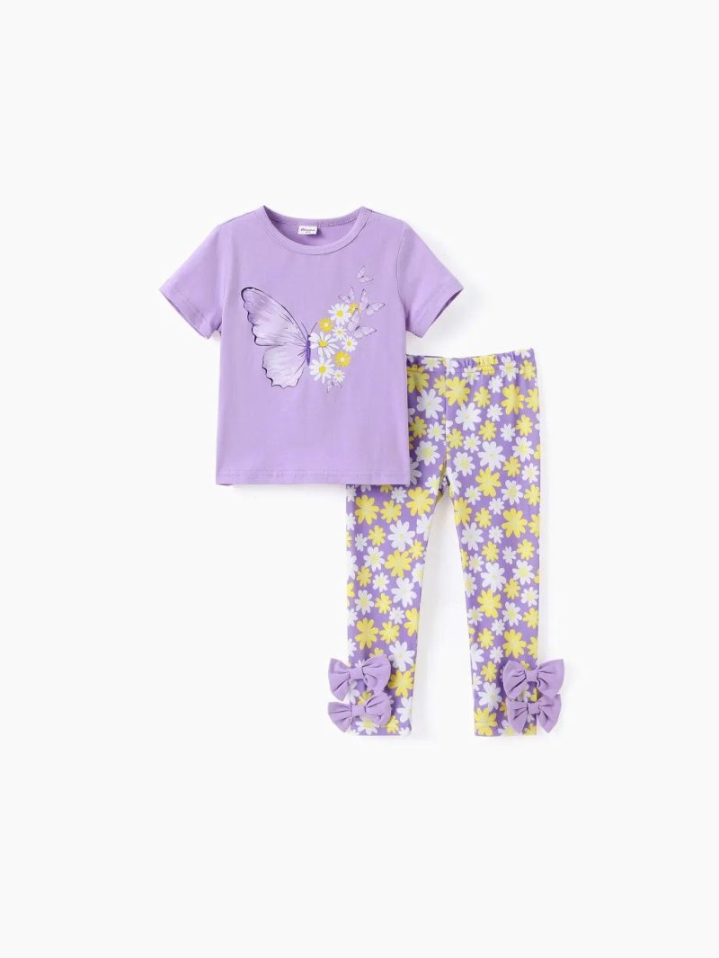 Sets | Girls|Toddler Girls 2pcs Sweet Butterfly Print Tee and Little Daisy Leggings Set Purple